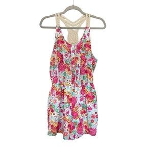 Altar’d State Floral Crochet Shorts Romper Lined Med Summer Tropical One Piece